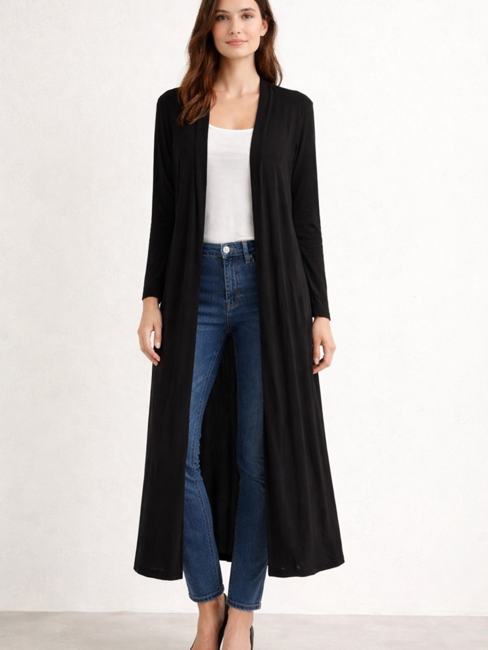 Long Black Open Front Duster Cardigan The Nines size M